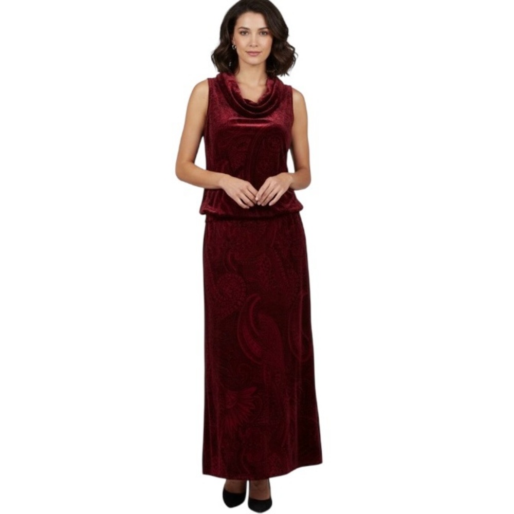 Vintage Kathie Lee Red Black Velvet Velour Maxi Skirt Cowl Neck Top L Holiday
